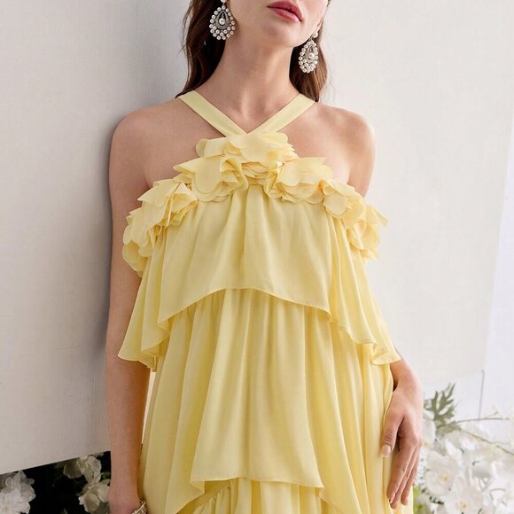 Yellow Elegant Women's Ruffle Trim Maxi Dress - Picture 2 of 7